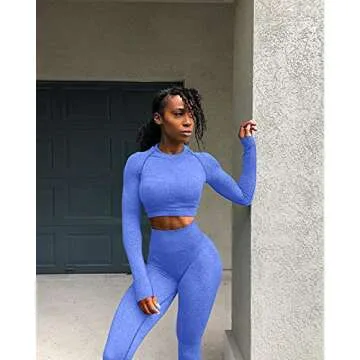 OYS Women's Workout 2 Piece Outfits Seamless High Waist Yoga Leggings Running Sports Long Sleeve Gym Sets Blue