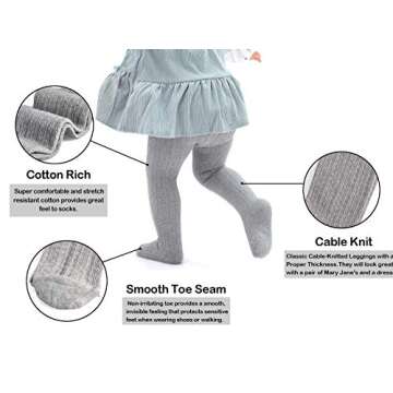 EPEIUS Baby Girls Seamless Cable Knit Solid Cotton Tights Newborn Girls Footed Leggings for 3-6 Months,White/Black/Grey (Pack of 3)