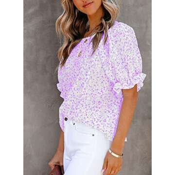 Dokotoo Womens Tops Cute Floral Print Round Neck Ruffle Smocked Puff Short Sleeve Shirts Flowy Babydoll Blouses 2025 Summer Chiffon Tunic Top for Teen Girls Light Purple S