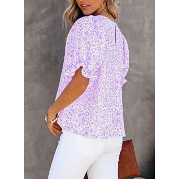 Dokotoo Womens Tops Cute Floral Print Round Neck Ruffle Smocked Puff Short Sleeve Shirts Flowy Babydoll Blouses 2025 Summer Chiffon Tunic Top for Teen Girls Light Purple S