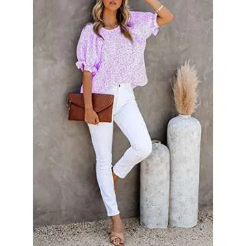 Dokotoo Womens Tops Cute Floral Print Round Neck Ruffle Smocked Puff Short Sleeve Shirts Flowy Babydoll Blouses 2025 Summer Chiffon Tunic Top for Teen Girls Light Purple S