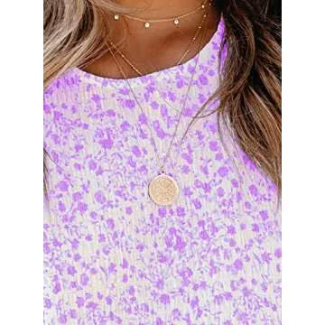 Dokotoo Womens Tops Cute Floral Print Round Neck Ruffle Smocked Puff Short Sleeve Shirts Flowy Babydoll Blouses 2025 Summer Chiffon Tunic Top for Teen Girls Light Purple S