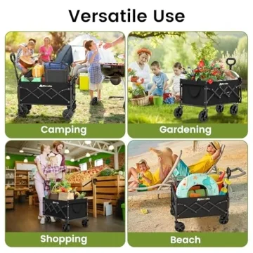 Collapsible Wagon with Wheels, 220 lbs Wagons Carts Foldable Wagon Cart with Flexible Handle, Lightweight Portable Folding Utility Grocery Shopping Cart for Grocery Sports Garden Camping