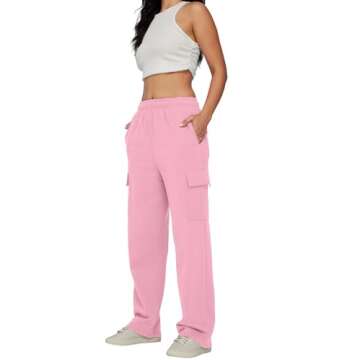 AUTOMET Womens Cargo Sweatpants Baggy Fleece High Waisted Joggers Sweat Pants Athletic Drawstring Casual Wide Leg Loose Fit Fall Pants with Pockets 2025 Pink S