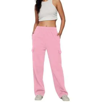 AUTOMET Womens Cargo Sweatpants Baggy Fleece High Waisted Joggers Sweat Pants Athletic Drawstring Casual Wide Leg Loose Fit Fall Pants with Pockets 2025 Pink S