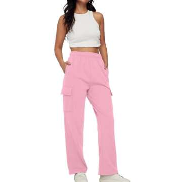AUTOMET Womens Cargo Sweatpants Baggy Fleece High Waisted Joggers Sweat Pants Athletic Drawstring Casual Wide Leg Loose Fit Fall Pants with Pockets 2025 Pink S