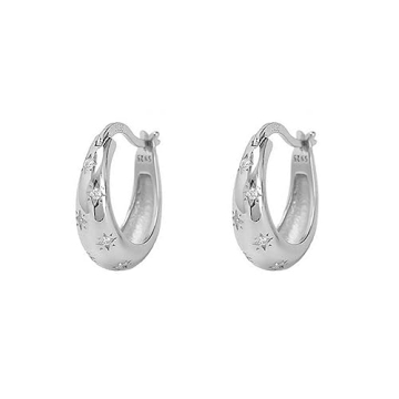 925 Sterling Silver CZ Star Chunky Small Hoop Earrings for Women Sensitive Ear Dainty Oval Crystal S...