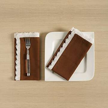 Fingercraft Dinner Napkins Cotton 6 Pack Premium Quality Mitered Corners with Elegant Lace for Every Day Use Napkins are Pre Shrunk and Good Absorbency with Lace (Brown)