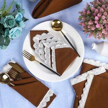 Fingercraft Dinner Napkins Cotton 6 Pack Premium Quality Mitered Corners with Elegant Lace for Every Day Use Napkins are Pre Shrunk and Good Absorbency with Lace (Brown)