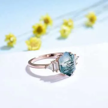 ITI KUOLOLIT Natural Moss Agate Gemstone Rings for Women Solid 925 Sterling Silver Ring for Women Trendy Hexagon Engagement Wedding (Moss Agate -White, 8)
