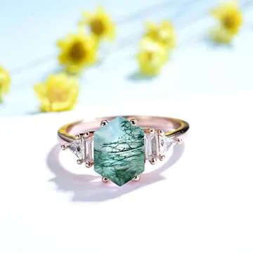 ITI KUOLOLIT Natural Moss Agate Gemstone Rings for Women Solid 925 Sterling Silver Ring for Women Trendy Hexagon Engagement Wedding (Moss Agate -White, 8)