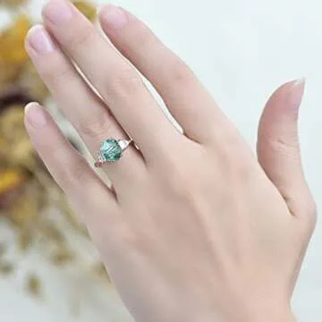 ITI KUOLOLIT Natural Moss Agate Gemstone Rings for Women Solid 925 Sterling Silver Ring for Women Trendy Hexagon Engagement Wedding (Moss Agate -White, 8)