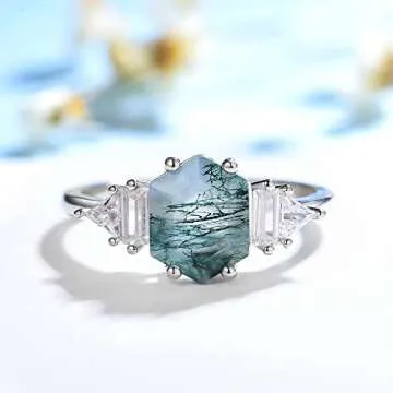 ITI KUOLOLIT Natural Moss Agate Gemstone Rings for Women Solid 925 Sterling Silver Ring for Women Trendy Hexagon Engagement Wedding (Moss Agate -White, 8)