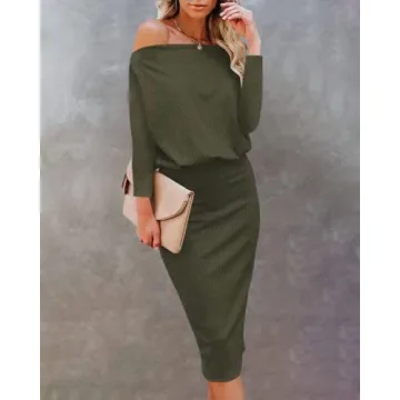 TNTIYO Off Shoulder Midi Dress for Women in Army Green
