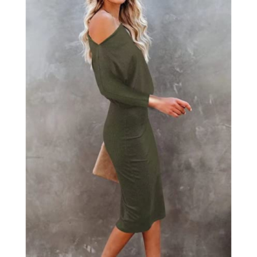 TNTIYO Off Shoulder Midi Dress for Women in Army Green