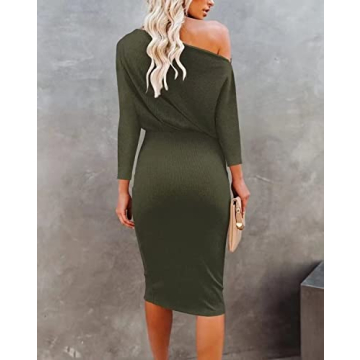 TNTIYO Off Shoulder Midi Dress for Women in Army Green