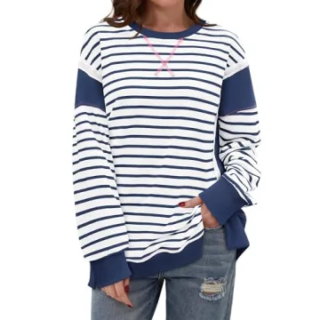 Yousify Oversized Crewneck Sweatshirt Women Color Block Fall Pullover Sweatshirts Navy Blue M