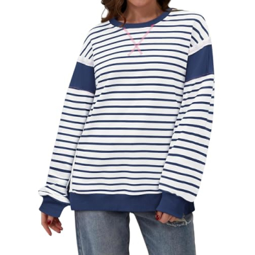 Yousify Oversized Crewneck Sweatshirt Women Color Block Fall Pullover Sweatshirts Navy Blue M