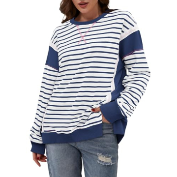 Yousify Oversized Crewneck Sweatshirt Women Color Block Fall Pullover Sweatshirts Navy Blue M