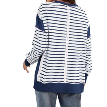 Yousify Oversized Crewneck Sweatshirt Women Color Block Fall Pullover Sweatshirts Navy Blue M