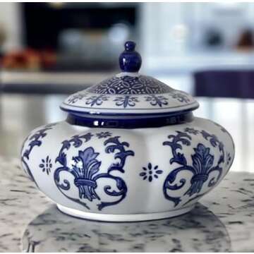 Festcool Blue and White Ceramic Porcelain Pumpkin Shape Ginger Jar Vase, Sugar Canister, Sugar Container, Tea Container, Hand-crafted Jingdezhen, Decor, Gift for Thanksgiving Decoration