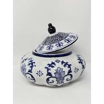 Festcool Blue and White Ceramic Porcelain Pumpkin Shape Ginger Jar Vase, Sugar Canister, Sugar Container, Tea Container, Hand-crafted Jingdezhen, Decor, Gift for Thanksgiving Decoration