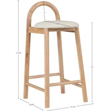 Meridian Furniture 475Cream-C Calvin Collection Mid-Century Modern Vegan Leather Upholstered Stool with Soft Cream Vegan Leather, Natural Finish Solid Wood Frame, 16.18" W x 16.7" D x 32" H, Cream