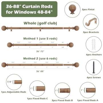 HTZON Wood Curtain Rods for Windows 48 to 84 Inch,1 Inch Wood Grain Ball Adjustable Curtain Rod,Boho...