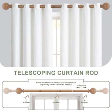 HTZON Wood Curtain Rods for Windows 48 to 84 Inch,1 Inch Wood Grain Ball Adjustable Curtain Rod,Boho Heavy Duty Curtain Rods,Farmhouse Rustic Single Window Curtains Rods,Brown Drapery Rods Set 36-88"