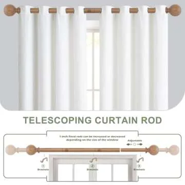 HTZON Wood Curtain Rods for Windows 48 to 84 Inch,1 Inch Wood Grain Ball Adjustable Curtain Rod,Boho Heavy Duty Curtain Rods,Farmhouse Rustic Single Window Curtains Rods,Brown Drapery Rods Set 36-88"