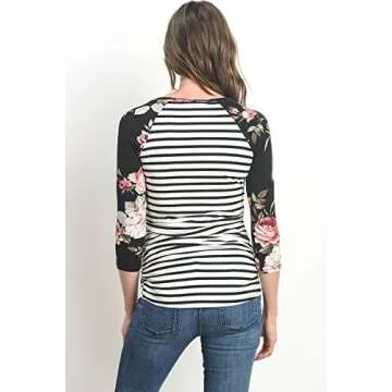 LaClef Women's Maternity T-Shirts Top with Baseball Raglan (Medium, Black Stripe)