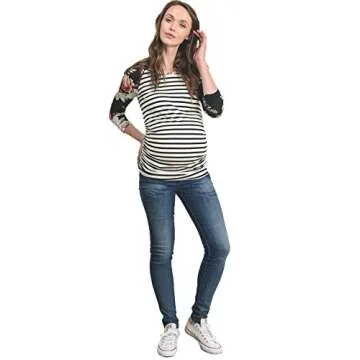 LaClef Women's Maternity T-Shirts Top with Baseball Raglan (Medium, Black Stripe)