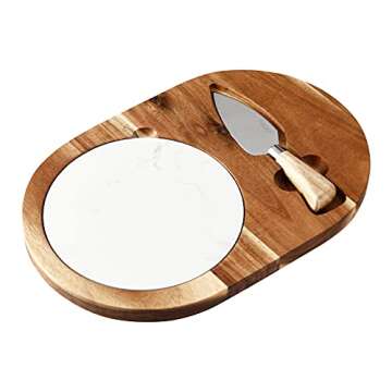hecef Oval Wooden Cheese Board Set, Acacia Wood Charcuterie Serving Tray with White Marble, Cheese Knives Platter for Cake Appetizers, Housewarming