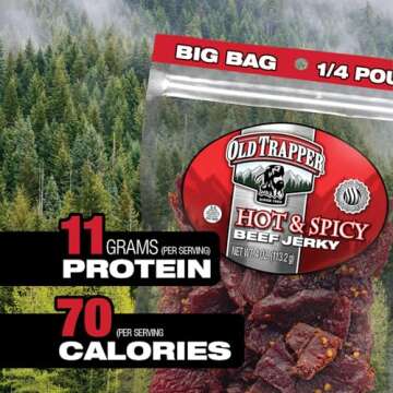 Old Trapper Beef Jerky, Hot & Spicy 1/4-Pound Individual Package, Savory and Spicy Meat Snacks for Lunches or Between Meals, 11 Grams of Protein and 70 Calories per Serving (Pack of 8)