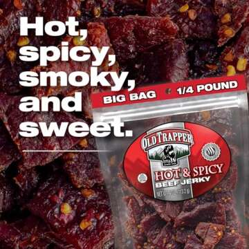 Old Trapper Beef Jerky, Hot & Spicy 1/4-Pound Individual Package, Savory and Spicy Meat Snacks for Lunches or Between Meals, 11 Grams of Protein and 70 Calories per Serving (Pack of 8)