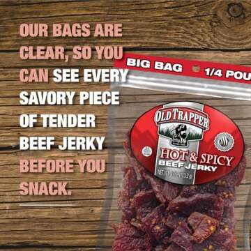 Old Trapper Beef Jerky, Hot & Spicy 1/4-Pound Individual Package, Savory and Spicy Meat Snacks for Lunches or Between Meals, 11 Grams of Protein and 70 Calories per Serving (Pack of 8)