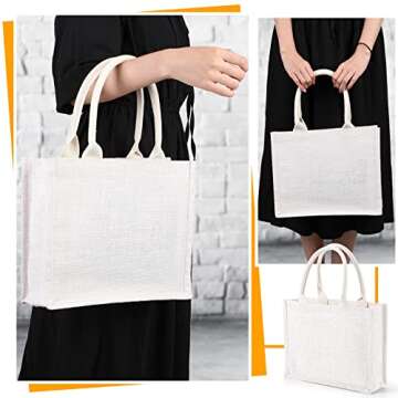 Reginary 12 Pieces Burlap Jute Tote Bags with Handles Reusable Blank Grocery Bags White Bridesmaid Gift Bags for Shopping Wedding Bachelorette Party Embroidery DIY Art Crafts, 12.2 x 3.9 x 9.8 Inch