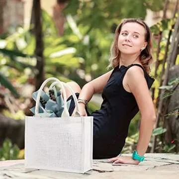 Reginary 12 Pieces Burlap Jute Tote Bags with Handles Reusable Blank Grocery Bags White Bridesmaid Gift Bags for Shopping Wedding Bachelorette Party Embroidery DIY Art Crafts, 12.2 x 3.9 x 9.8 Inch