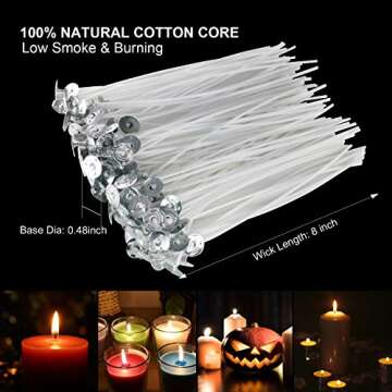 Candle Wicks 100 Pcs 6 inch with 30Pcs Candle Wick Stickers and 10 Pcs Wooden Candle Wick Centering ...