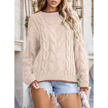 EVALESS Fall Sweaters for Women 2024 Cute Crewneck Long Sleeve Color Block Sweater Tops Casual Chunky Cable Knit Pullover Sweaters Comfy Warm Outfits Loose Fit Clothes Beige Small