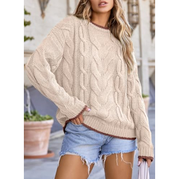 EVALESS Fall Sweaters for Women 2024 Cute Crewneck Long Sleeve Color Block Sweater Tops Casual Chunky Cable Knit Pullover Sweaters Comfy Warm Outfits Loose Fit Clothes Beige Small