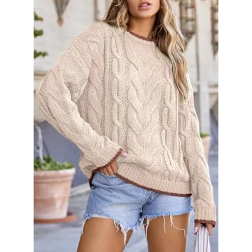 EVALESS Fall Sweaters for Women 2024 Cute Crewneck Long Sleeve Color Block Sweater Tops Casual Chunky Cable Knit Pullover Sweaters Comfy Warm Outfits Loose Fit Clothes Beige Small
