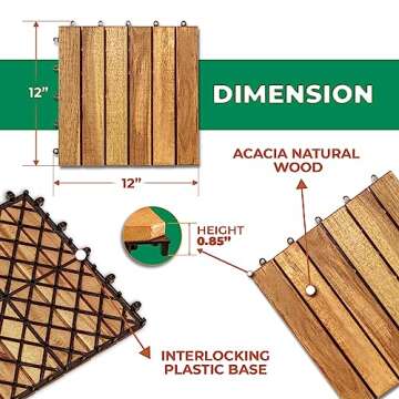 Solid Wood Interlocking Flooring Tiles (Pack of 10, 12" x 12"), Acacia Deck Tiles, Floor Tiles for B...