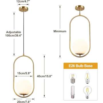 KCO Modern 1-Light Glass Globe Pendant Light Fixture Gold and White Pendant Hanging Lamp Mid Century...