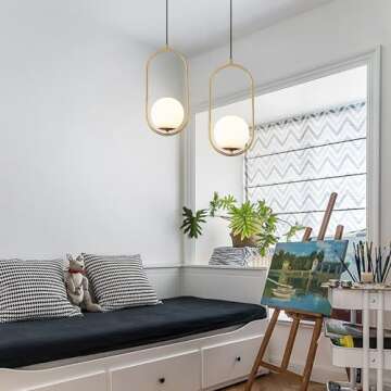KCO Modern 1-Light Glass Globe Pendant Light Fixture Gold and White Pendant Hanging Lamp Mid Century Minimalist Brushed Brass Pendant Lighting for Kitchen Island Bathroom (7.9”-Small)