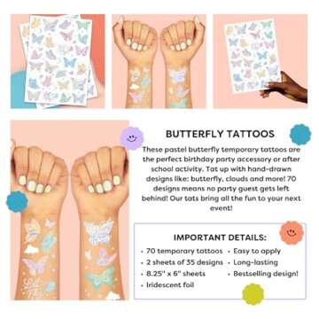 xo, Fetti Pastel Butterfly Temporary Tattoos - 70 Foil Styles | Rainbow Fairy Birthday Party Decorations, Monarchs, Heart Favors, Flowers, Garden Arts and Crafts, Baby Shower Decor