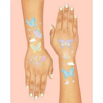 xo, Fetti Pastel Butterfly Temporary Tattoos - 70 Foil Styles | Rainbow Fairy Birthday Party Decorations, Monarchs, Heart Favors, Flowers, Garden Arts and Crafts, Baby Shower Decor