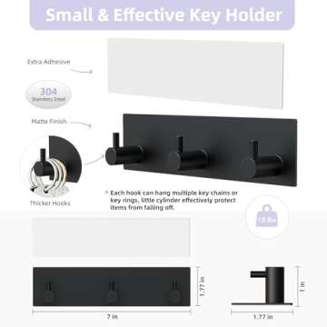 VIS'V Key Holder Wall Mount, Small Self Adhesive Key Hanger Metal Stick on Key Rack Compact Key Rail with 3 Key Hooks for Entryway Doorway Hallway 2 Adhesive Strips Black
