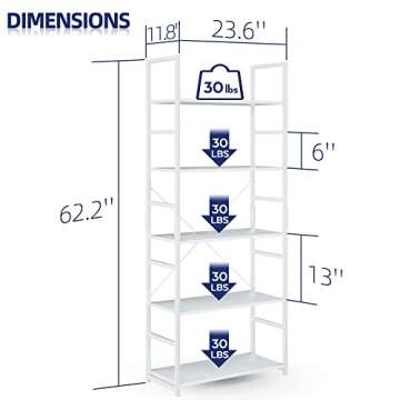 NUMENN 5 Tier Bookshelf, Tall Bookcase Shelf Storage Organizer, Modern Book Shelf for Bedroom, Living Room and Home Office, White