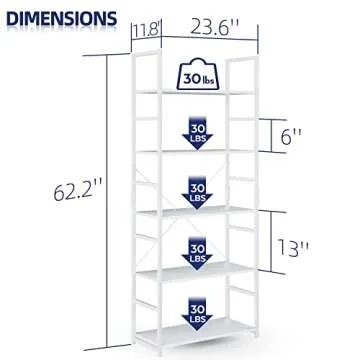 NUMENN 5 Tier Bookshelf, Tall Bookcase Shelf Storage Organizer, Modern Book Shelf for Bedroom, Living Room and Home Office, White